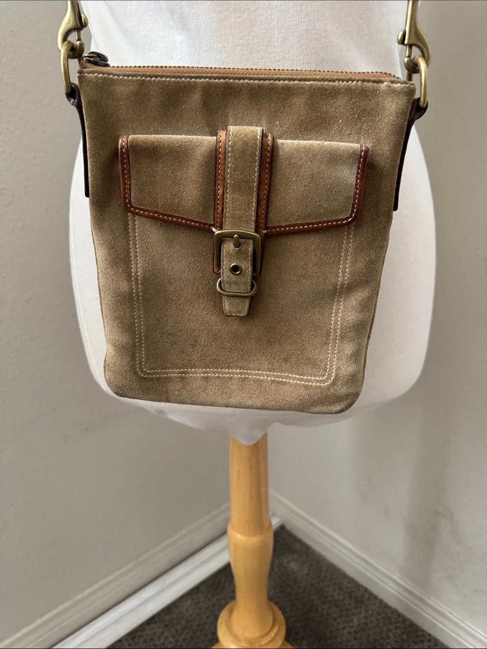 Coach suede with leather trim front pocket crossbody bag